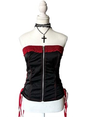 Goth “Tripp NYC” Black and Red Lace Trim Lace up Zip up Corset Top